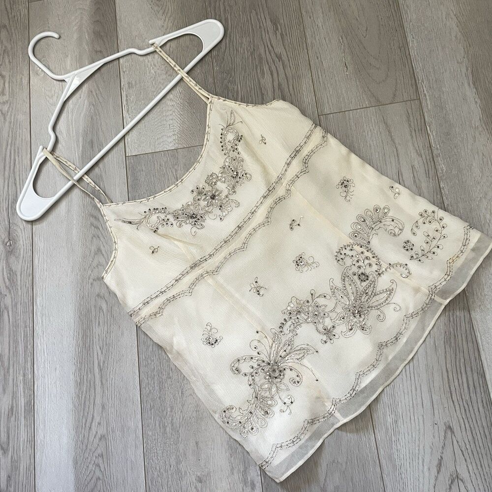 Y2K Silk Tank Top beaded floral crop cami womens Cream (small) vintage romantic